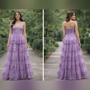 NWT B. Darlin Lilac Tiered Lace Sequin Prom Gown Size 5/6 Formal Maxi Dress
